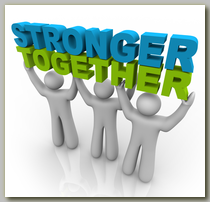 Three figures holding the words "Stronger Together"